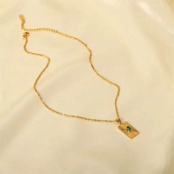 Emerald Green Cubic Zirconia 18K Gold Plated Stainless Steel Pendant Necklace - Picture 11 of 15